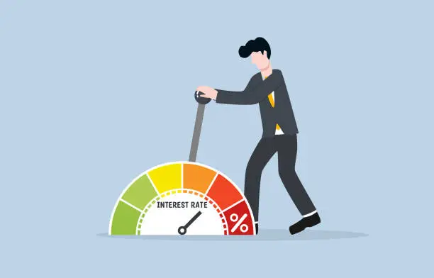 Vector illustration of Monetary policy from central bank or federal reserve to solve high inflation, raising interest rate concept. government representative pull control lever for making interest rate hike.