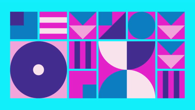 Geometric pattern loop. Circles, squares animation. Modernist abstract seamless background. Bauhaus Design style.