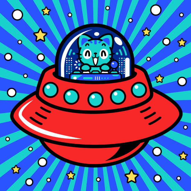 ein niedlicher katzenastronaut steuert ein unlimited power raumschiff oder ufo ins metaversum - driving speed humor video game stock-grafiken, -clipart, -cartoons und -symbole