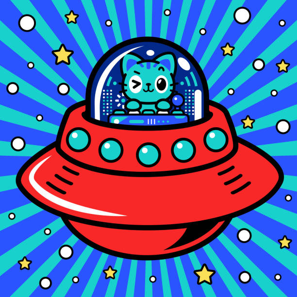 ein niedlicher katzenastronaut steuert ein unlimited power raumschiff oder ufo ins metaversum - driving speed humor video game stock-grafiken, -clipart, -cartoons und -symbole