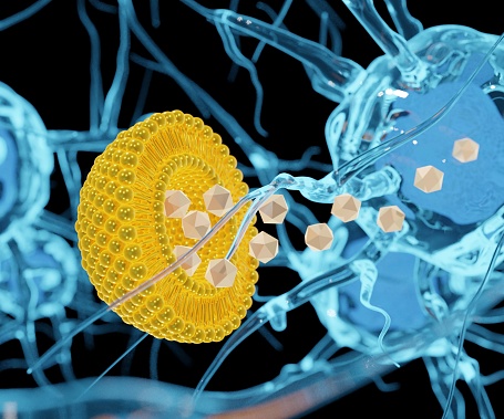 Liposome encapsulation for nanomedicine drug delivery neurodegenerative disease 3d rendering