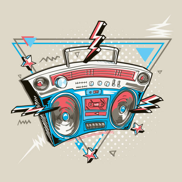 illustrazioni stock, clip art, cartoni animati e icone di tendenza di registratore a nastro funky boom box degli anni '80 disegnato - design musicale - 1980s style funky 1990s style boom box