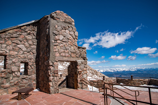 Unused cafe destroyed by lightning years ago at top of Mt Evans in the Rocky Mountains of Colorado in western USA.