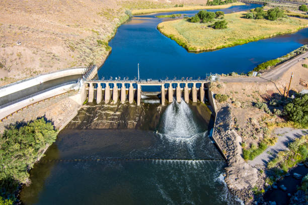 Aerial view of dam in river stock photo