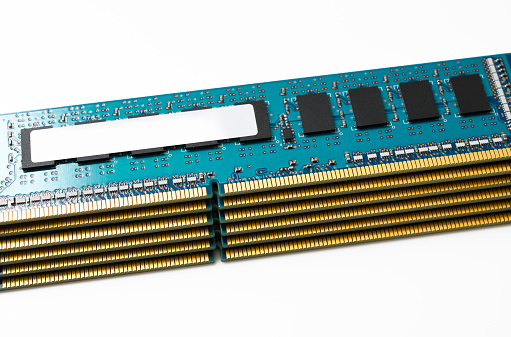 High angle view of stacked computer RAM, isolated on white with clipping path.