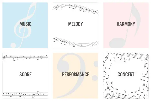 Vector illustration of Music score and notes vector illustration frame set.