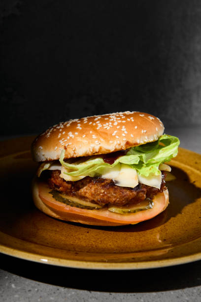 istock Classic american burger on ceramic plate in dark minimal style. Beef burger on gray stone table with hard shadow. Fast food dark concept. American burger on gray concrete background. Simple food menu. 1410200537
