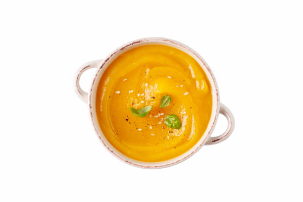 zuppa di zucca, vista dall'alto, isolato - soup pumpkin soup vegetarian food food foto e immagini stock