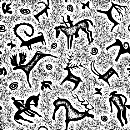 A series of petroglyphs, cave drawings