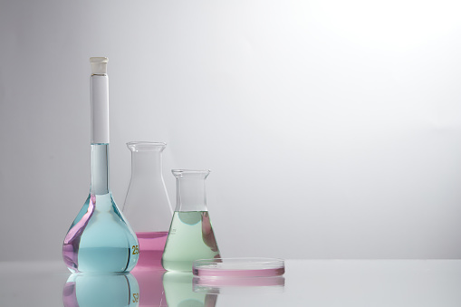 Chemical flasks and test tubes with colored solutions