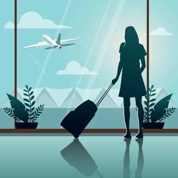 Vector illustration of Airport travel woman looking through window at airplanes