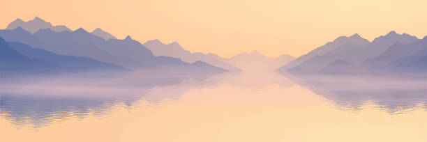 istock Dawn on the sea bay, mountain peaks, picturesque reflection, panoramic 1410208887