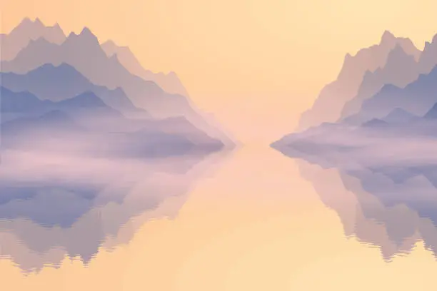 Vector illustration of Dawn on the sea bay, fjord, reflection