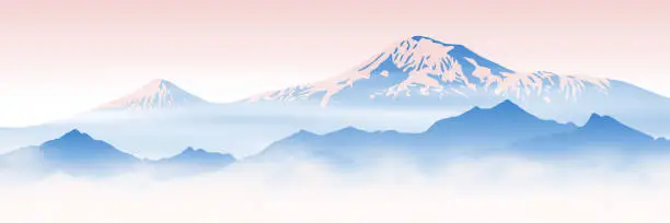 Vector illustration of Mount Ararat rises above the clouds, dawn light, panoramic view