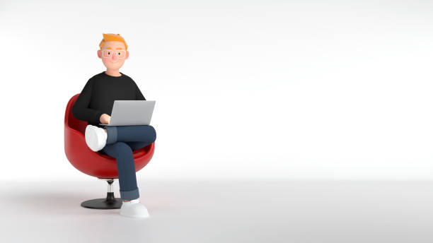 istock A man with glasses sits on a red chair using his laptop to work and sits facing a smile. 3D Scene. 1410213355