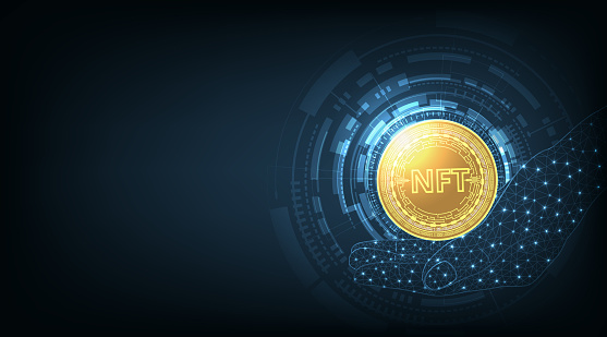 Non fungible token coin on dark background.NFT coin design in circuit board style for pay unique collectibles in games.Crypto currency concept. Vector Illustration.