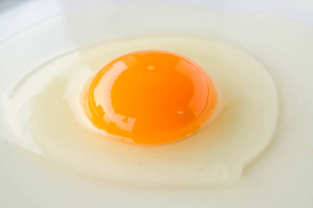 istock Close up fresh egg yolk on white plat. 1410214714