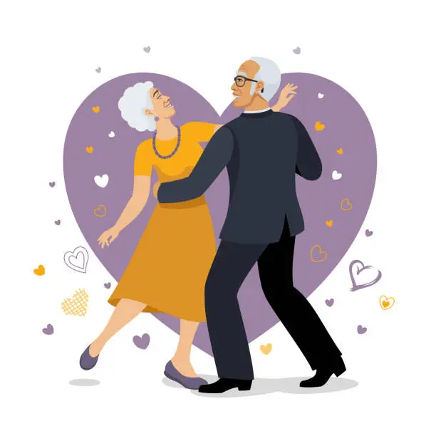 Vector illustration of Elderly couple dancing. Romantic dance of two elderly people.