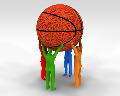 A giant basketball ball is spinning, lifted by the fans. Solidarity in basketball opens all kinds of difficulties and success comes with teamwork. / You can see the animation movie of this image from my iStock video portfolio. Video number: 1409916751