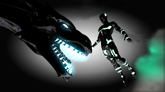 A futuristic superhero flying down from the sky strokes the head of a giant dragon. New generation game or epic movie scene. / You can see the animation movie of this image from my iStock video portfolio. Video number: 1409945987