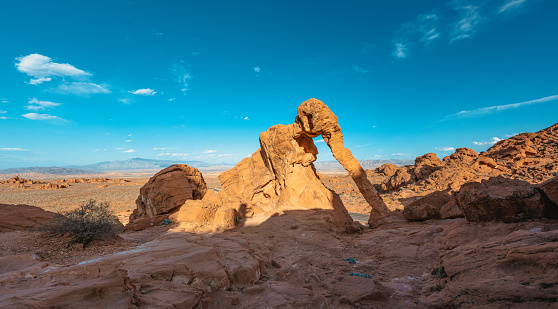 This rock formation in the Valley of Fire is shaped like an elephant. Seen a hot blue sky summer day.