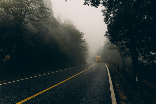Mountain roads in thick fog
