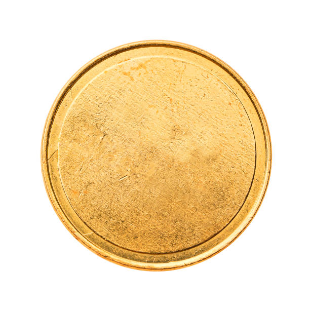 Golden mockup coin, empty coin with worn surface. Isolated on white. Ready for clipping path. stock photo