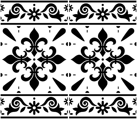 Portuguese Azulejo tile seamless vector decrative pattern with fleur de lis motif, black and white geometric design with frame or border