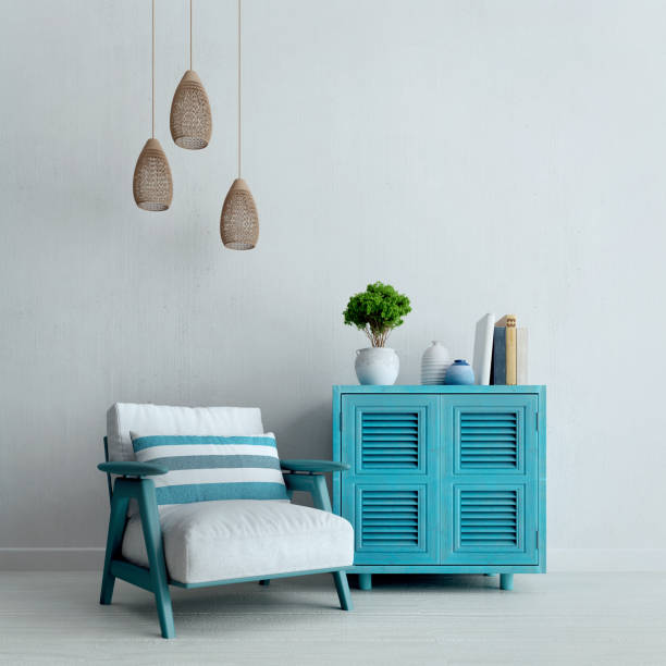 istock Santorini style interior with cabinet armchairs and ceiling lamp.3d rendering 1410225369