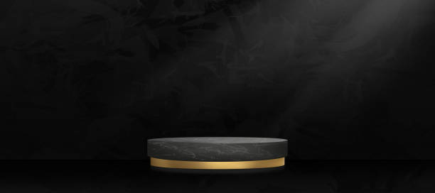 istock Studio room with 3D podium black marble and golden on dark cement wall textured background,Vector minimal mockup wide banner loft design backdrop,Empty Gallery room in black concrete surface 1410226790