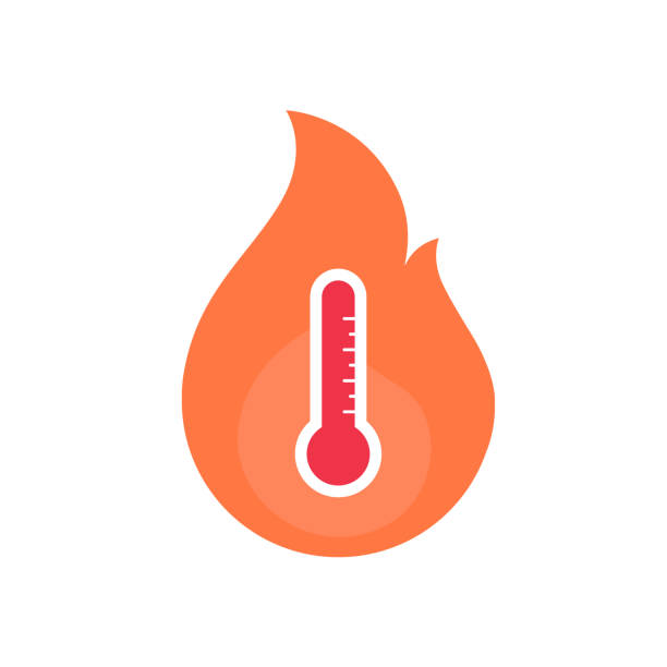 ilustrações de stock, clip art, desenhos animados e ícones de enviroment issue and extreme weather concept. vector flat icon illustration. heat wave red color thermometer in flame symbol isolated on white background. - sun sunlight symbol flame