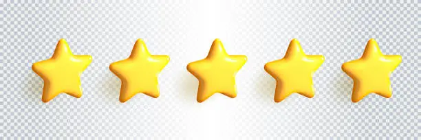 Vector illustration of Five golden yellow 3d stars glossy colors