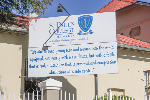 St Paul's College in Windhoek at Khomas Region, Namibia, with a slogan quote. It was founded in 1962.