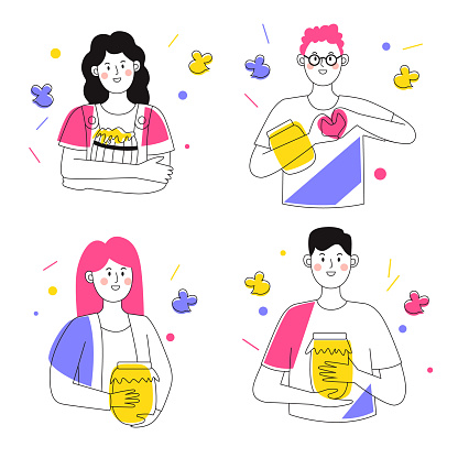 Set of people with a jar of honey. Male and female characters. Outline vector illustration with colorful accents.