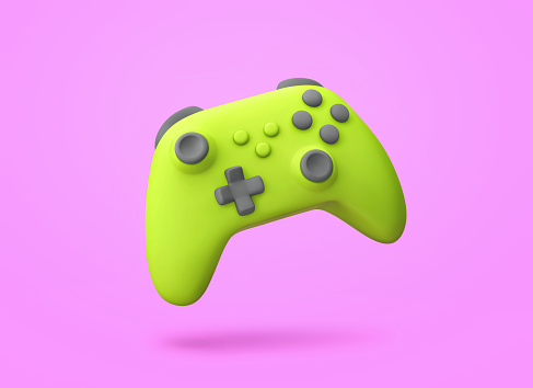 Green game controller isolated on purple background. 3D rendering with clipping path