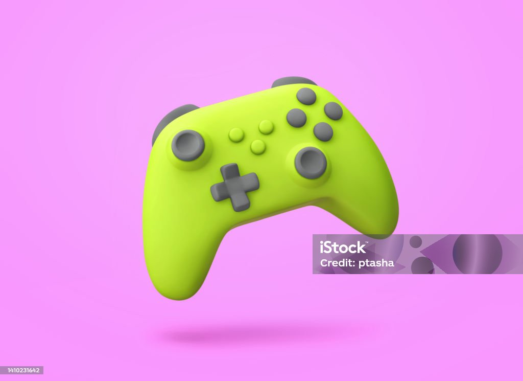 Green game controller isolated on purple background Green game controller isolated on purple background. 3D rendering with clipping path Three Dimensional Stock Photo
