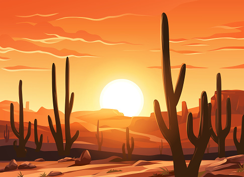 Vector illustration of an idyllic desert landscape with Saguaro cactus at sunset. In the background are hills and mountains and a bright, vibrant, cloudy red sky. Illustration with space for text.