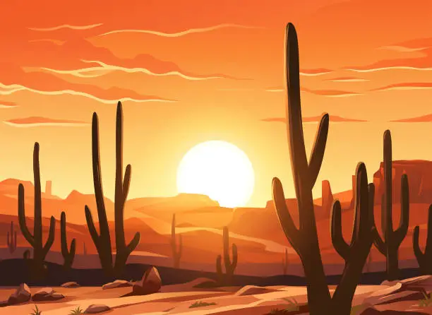 Vector illustration of Beautiful Fiery Desert Sunset