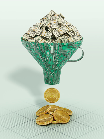 Dollar bills entering the digital funnel and exiting as symbolic gold crypto currency coins.