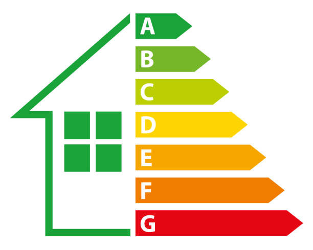 Energy Efficiency Rating Graph with arrows. Green house. Vector illustration III. Energy Efficiency Rating Graph with arrows. Green house. Vector illustration III. energieausweis stock illustrations