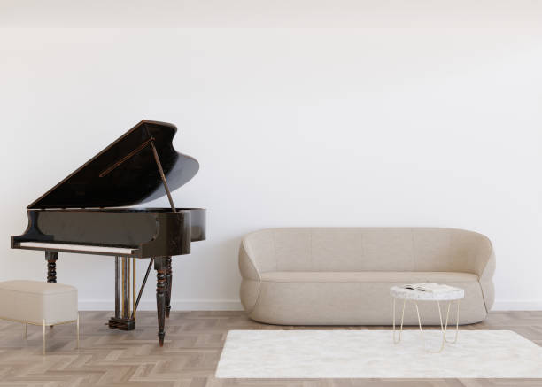 istock Empty white wall in modern living room. Mock up interior in contemporary style. Free, copy space for your picture, text, or another design. Sofa, carpet, piano. 3D rendering. 1410236538