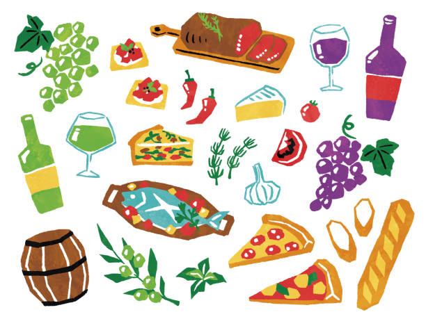 illustrazioni stock, clip art, cartoni animati e icone di tendenza di illustrazione di vino e piatto - roast beef illustrations