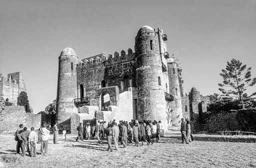 Gondar, Ethiopia - May 7, 1998: people love to marry at this ancient place in Gondar, Ethiopia. King Fasil  settled in Gondar and established it as a permanent capital in 1636.