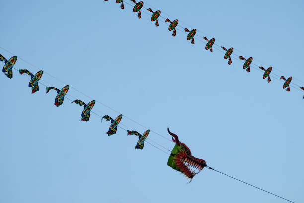 istock traditional dragon kite flying on blue sky at beach 1410238581