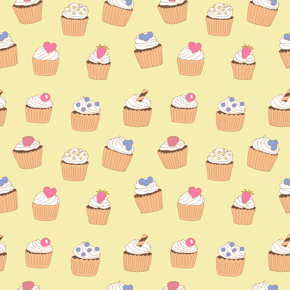 Cupcakes seamless pattern vector illustration, hand drawing doodles colored
