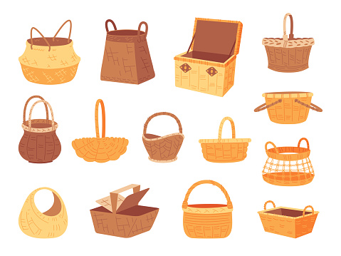 Wicker basket collection. Cartoon empty hampers, isolated rural baskets set. Decorative picnic straw box, bamboo or wood classy home decor vector set of basket empty collection illustration