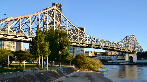 Morning view of the Story Bridge over the Brisbane RIver and its tidal mangrove trees on the beach stock photo
