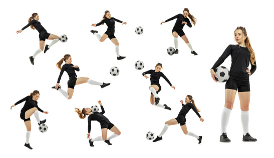 Destruction of gender stereotypes. Collage made of shots of female soccer player with ball in motion, action isolated on white background. Attack, defense, fight, kick. Woman in black football kit