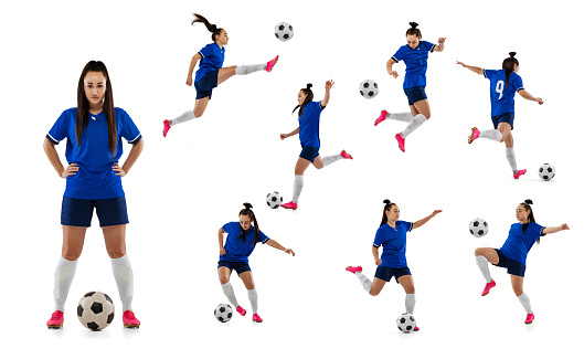 Destruction of gender stereotypes. Collage made of shots of female soccer player with ball in motion, action isolated on white background. Attack, defense, fight, kick. Woman in blue football kit