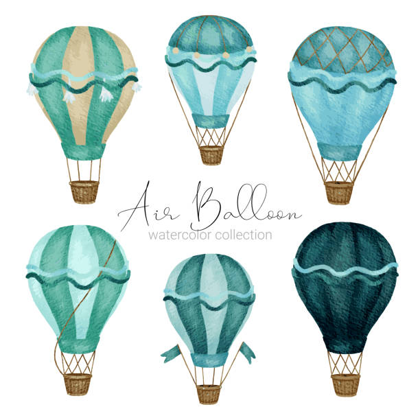 Hot air balloon designs in various watercolor styles for graphic designers to use for artworks Hot air balloon designs in various watercolor styles for graphic designers to use for web sites, invitation cards, weddings, congratulations, birthdays, celebrations, fabric printing and publications watercolor hot air balloon stock illustrations